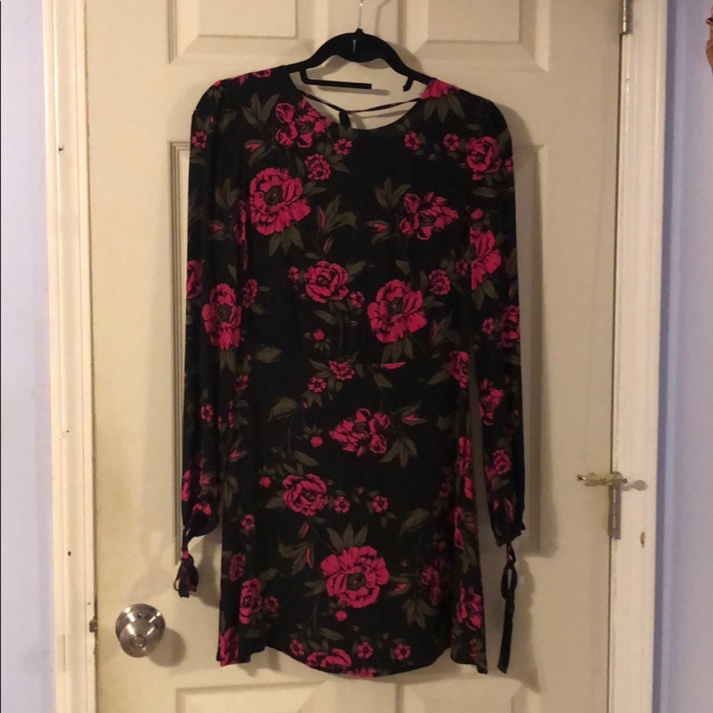 Pink green and black floral long sleeve dress